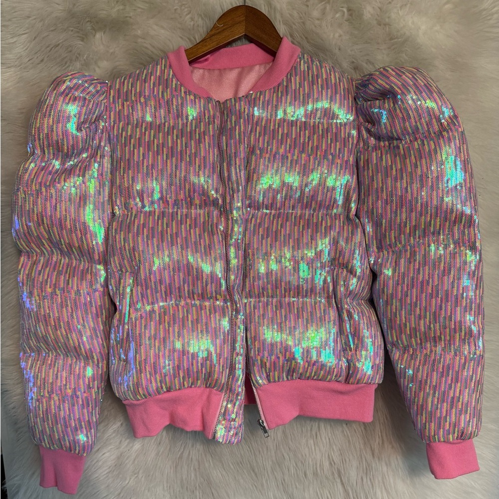 NWOT QUEEN OF SPARKLES Shimmering Pink Fabric Puffer Jacket